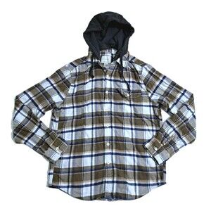 American Eagle Flannel Hoodie Mens Medium Brown Blue Plaid Super Soft Shirt